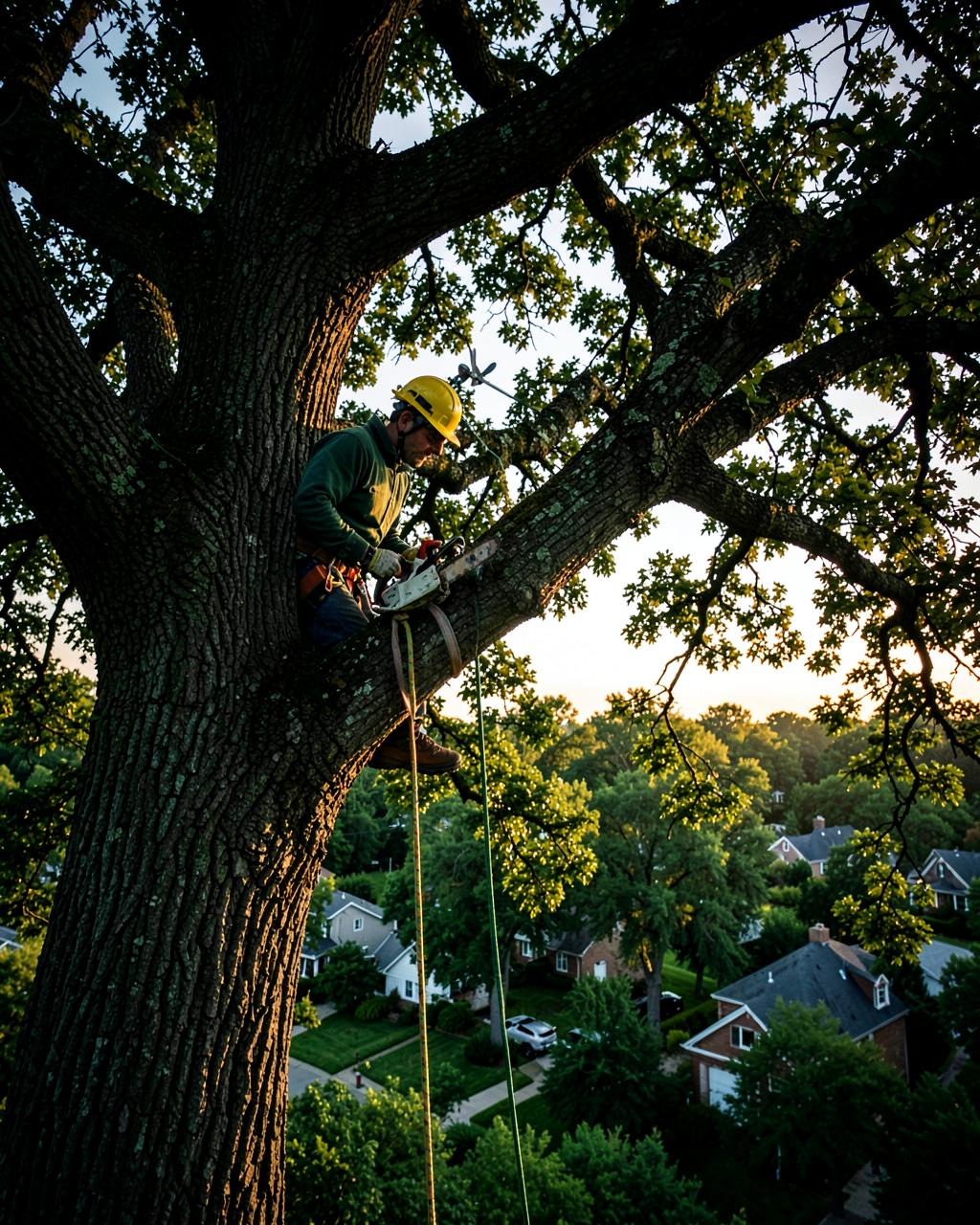 ISA-certified arborist trimming a large oak tree above a Richmond neighborhood